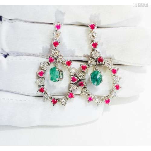 14K; Super Burma Ruby, Emerald & VS-F Diamond earrings