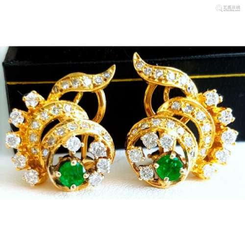 14K Yellow Gold Colombian Emerald And Diamond Earring.