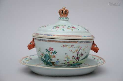 Famille rose soup tureen with stand