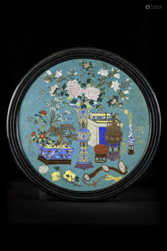 Large Chinese cloisonnÈ plaque 'antiquities'