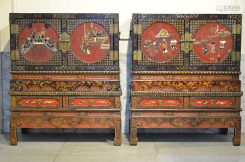 A pair of Chinese cabinets with soapstone inlaywork