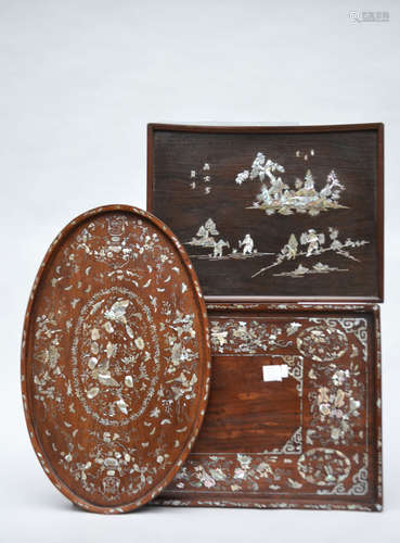 Three trays in hard wood inlaid with mother-of-pearl