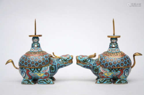 Pair of Chinese cloisonnÈ candlesticks 'mythical animals'