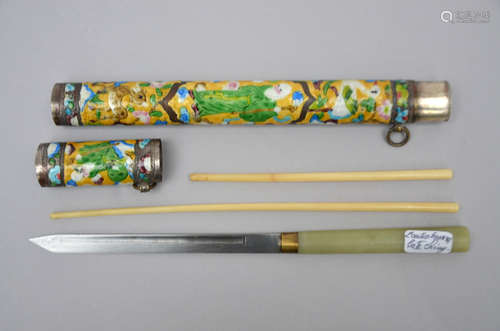 A Chinese knife set with enamel decoration