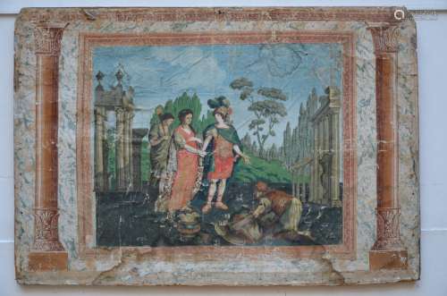 A fireplace front with wallpaper 'figures'