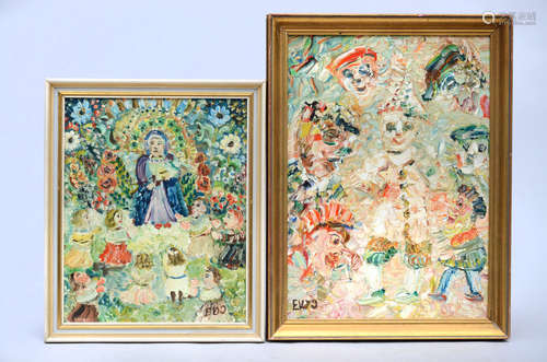 Van Den Driessche: two paintings (o/c) 'holy Virgin' and 'clowns'