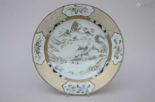 Large dish in Chinese porcelain with grisaille decoration 'master of the rocks'