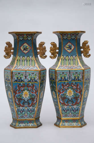 A pair of hexagonal cloisonnÈ vases, 20th century
