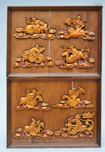 Pair of panels with Chinese wooden sculptures