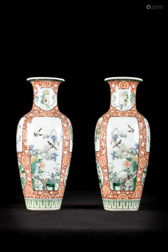 Pair of vases in Chinese famille verte porcelain 'birds'