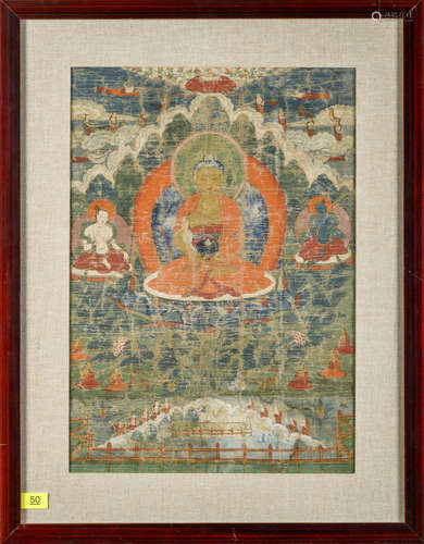 Thanka 'buddha amitabha', with inscriptions and impressions of hands