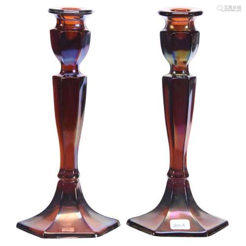 Pair Carnival Glass Candle Holders 10.25