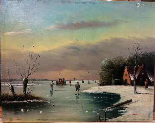 Dutch Winter Landscape Oil Painting Signed Breedveld