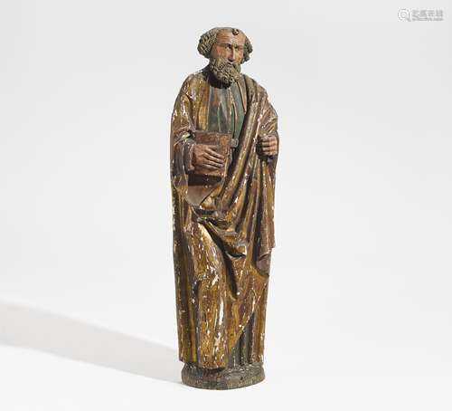 Süddeutsch - um 1500Heiliger Bartholomäus. Lindenholz (?), farbig gefasst. Höhe: 123cm.