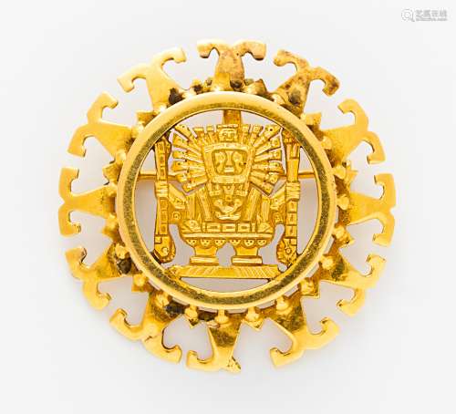 GOLD-ANHÄNGER/BROSCHE. Mexiko, um 1950. 750/- Gelbgold, gest., Gesamtgewicht: 14,0g. D.ca. 4,1cm.