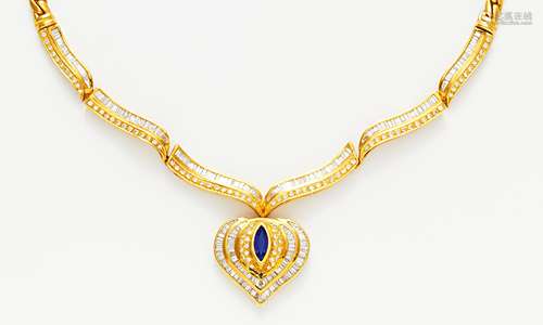 DIAMANT-SAPHIR-COLLIER. Deutschland, um 1980. 750/- Gelbgold, gest., Gesamtgewicht: 48,0g. L.ca.