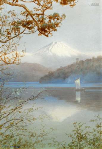 Unbekannter Künstler - 20. Jh.Der Berg Fuji im Frühjahr. Aquarell auf Papier. Montiert. 46 x 32cm.