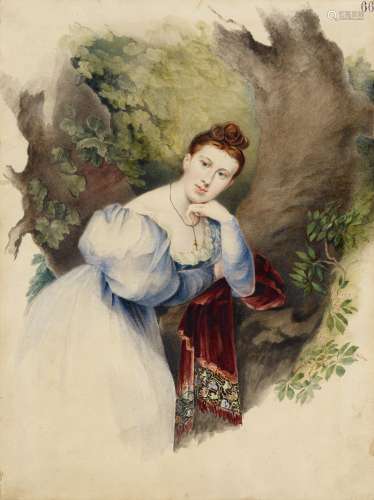 Deutscher Meister - um 1860/80Junge Dame in biedermeierlichem Kostüm. Aquarell auf Papier. Montiert.
