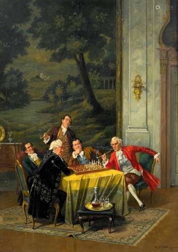 Franke, Albert Joseph1860 Buchwitz - 1924 MünchenHerren beim Schachspiel im Salon. Öl auf Holz. 41 x