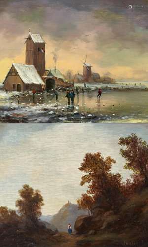 Unbekannter Künstler - 1. H. 20. Jh.Zwei Gemälde: Waldlandschaft mit Ruine / Gesellschaft auf dem