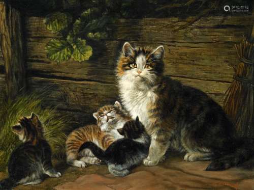 Honnef, E.H.Katzenfamilie. Öl auf Leinwand. 30,5 x 40,5cm. Signiert unten rechts: E.H. Honnef.