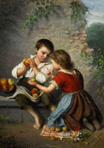 Kindt, Marie AdelaideBrüssel 1804 - 1884Zwei Kinder mit Äpfeln. Öl auf Leinwand. 34 x 25cm. Signiert