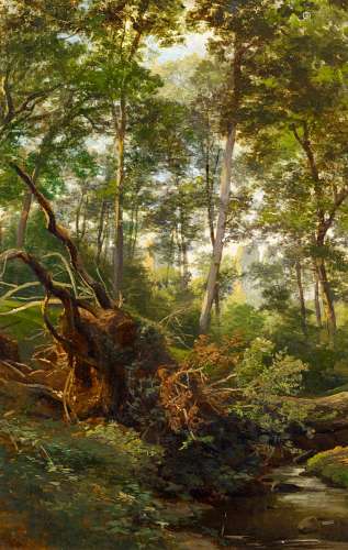 Ruths, Johann Valentin G.Hamburg 1825 - 1905Umgestürzter Baum am Waldbach. Öl auf Karton. Auf Holz