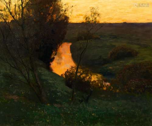 Feldmann, Wilhelm1859 Lüneburg - 1932 LübeckAbendstimmung am Fluss. Öl auf Leinwand. 56 x 68cm.