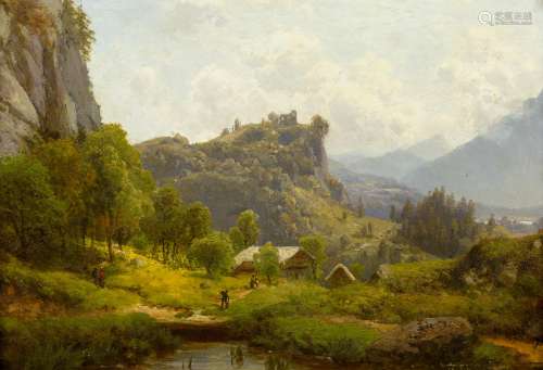 Schoyerer, Josef1844 Berching - 1923 MünchenLandschaft bei Oberaudorf im oberen Inntal. Öl auf Holz.