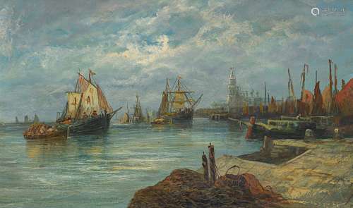 Roberts, David1796 Edinburgh - 1864 LondonSchiffe im Hafen. Öl auf Leinwand. Auf Karton gelegt. 35,5