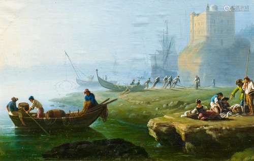 Französischer Meister - 19. Jh.Küstenszene mit Fischern. Öl auf Leinwand. Auf Holz gelegt. 20,5 x