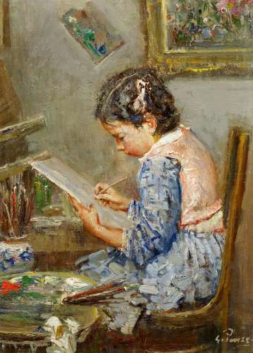Panza, Giovanni1894 Capo Miseno - 1950 NeapelZeichnendes Mädchen im Atelier. Öl auf Sperrholzplatte.