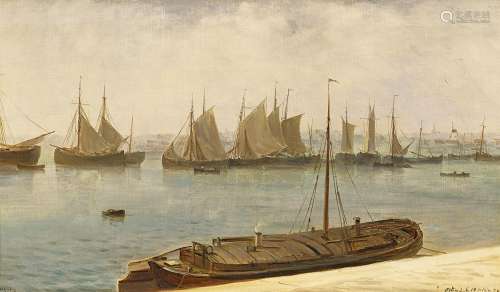 Gudin, Herminie1825Im Hafen von Oostende. Öl auf Leinwand. 42 x 71,5cm. Signiert unten: H. Gudin /