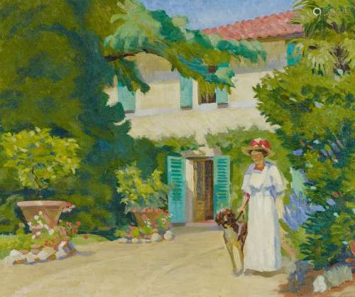 Französischer Meister - um 1910Dame mit Hund im Garten. Öl auf Leinwand. 39 x 47cm. Rahmen.