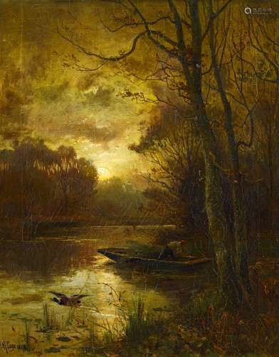 Page, Henry Maurice1878 - 1890 tätig in LondonAuffliegende Ente am Waldteich. Öl auf Leinwand. 53,