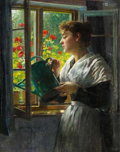 Firle, Walther1859 Breslau - 1929 MünchenBeim Blumengießen am offenen Fenster. Öl auf Leinwand. 52 x