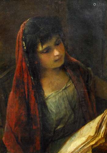 Französischer Meister - um 1890/1900Lesendes Mädchen mit rotem Kopftuch. Öl auf Leinwand. 49,5 x