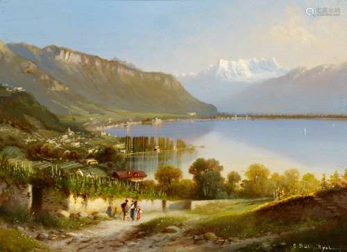 Stähly-Rychern, Gottfried1840 Oberhofen - 1920 ThumBlick auf Montreux am Genfer See. Öl auf Holz.
