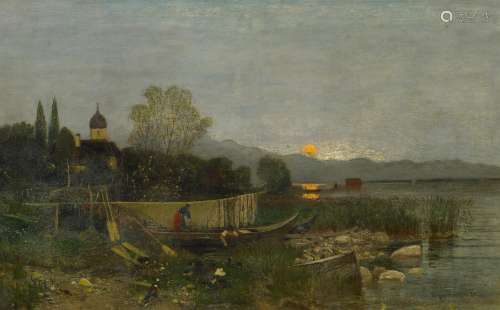 Schweitzer, Adolf Gustav1847 Dessau - 1914 DüsseldorfAufgehender Vollmond am Seeufer. Öl auf