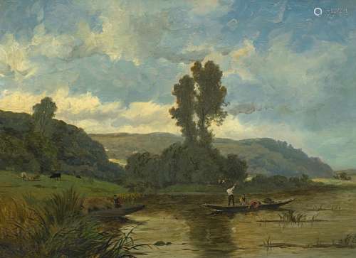 Delpy, Hippolyte-Camille1842 Joigny - 1910 ParisFlusslandschaft mit Fischern. Öl auf Holz. 30 x