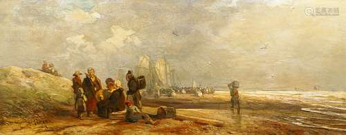 Hilgers, CarlDüsseldorf 1818 - 1890Holländischer Strand mit Fischern. Öl auf Holz. 12,5 x 32cm.
