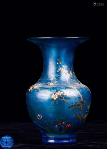 A GLASS CASTED BIRD AND FLORAL VASE