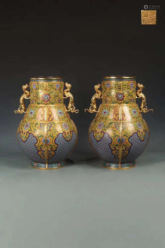 PAIR BRONZE CLOISONNE FLORAL PATTERN VASE