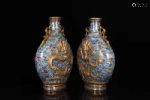 PAIR CLOISONNE DRAGON PATTERN FLAT VASES