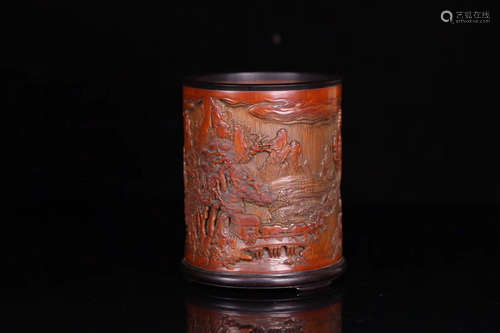 A OLD BAMBOO CARVED BRUSH POT