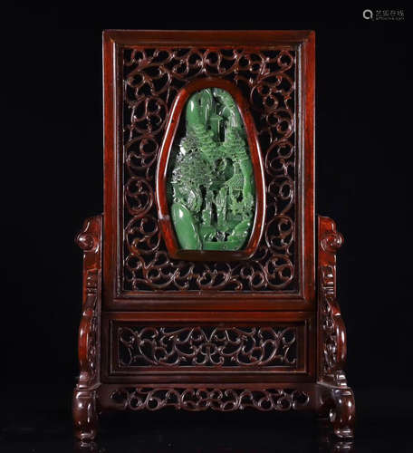 A OLD HETIAN GREEN JADE SCREEN WITH WOOD STAND