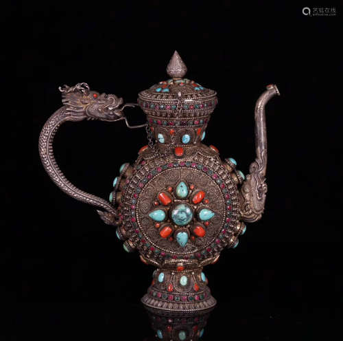 A SILVER FILIGREE DRAGON SHAPED HANDLE EWER