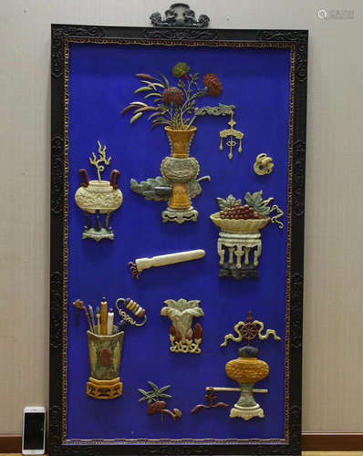 A LACQUER DECORATED ZITAN FRAME HANGING SCREEN