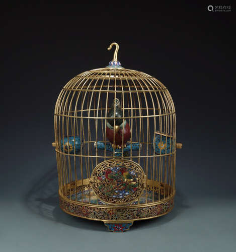 A BRONZE CLOISONNE CASTED BIRDCAGE ORNAMENT