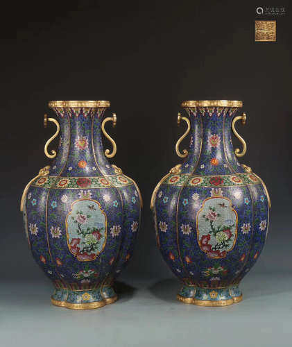 PAIR BRONZE CASTED CLOISONNE FLORAL PATTERN VASE